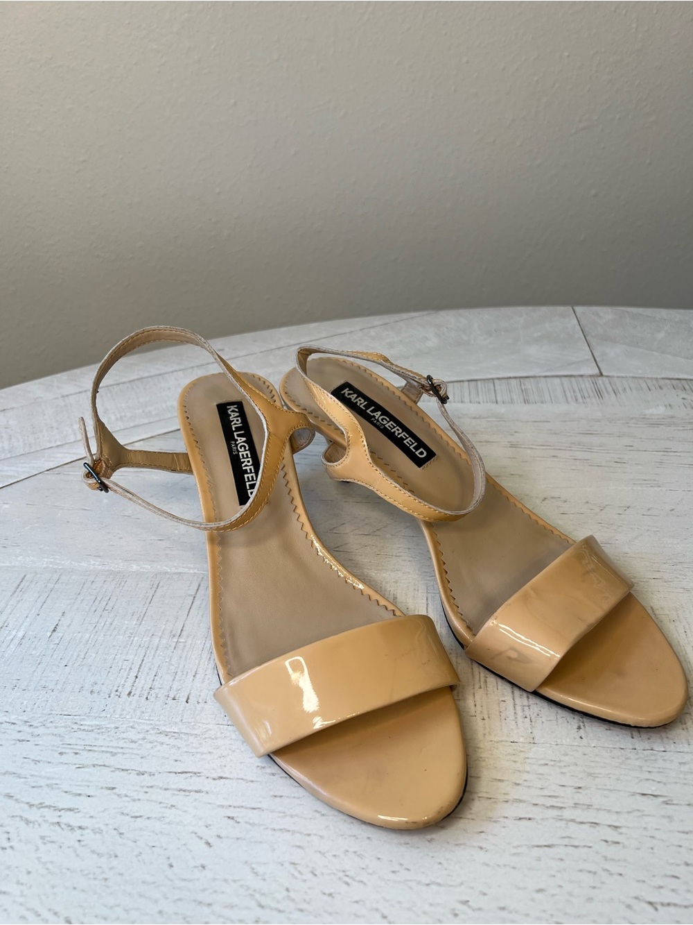 Karl Lagerfeld Nude Patent Leather Ankle-Strap Heels - Picture 1 of 6